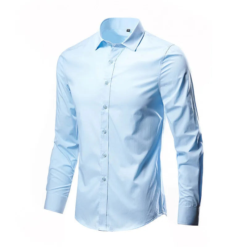 Man's loose fit linen long sleeve shirt in a slim, trendy style on a hanger.