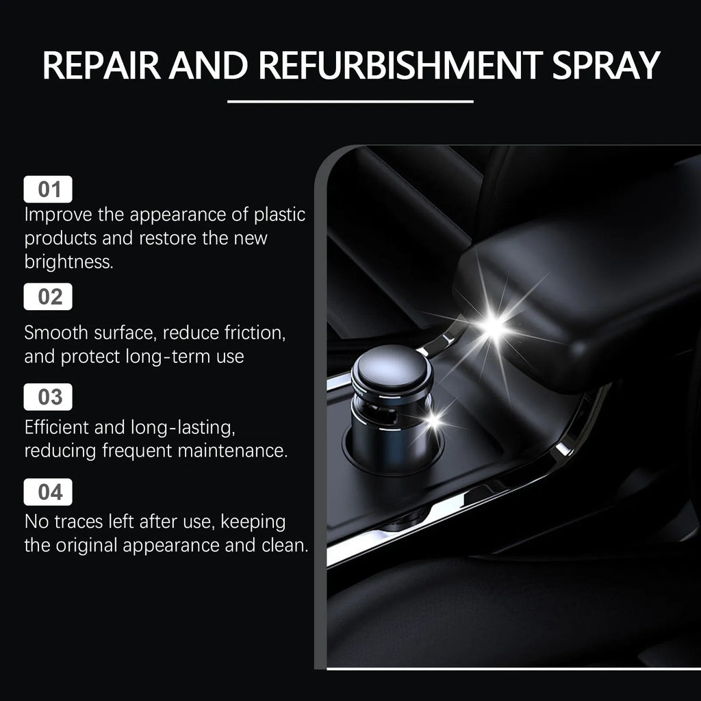Automotive plastic renovation spray 60ml bottle with label for car interior trim refurbishment