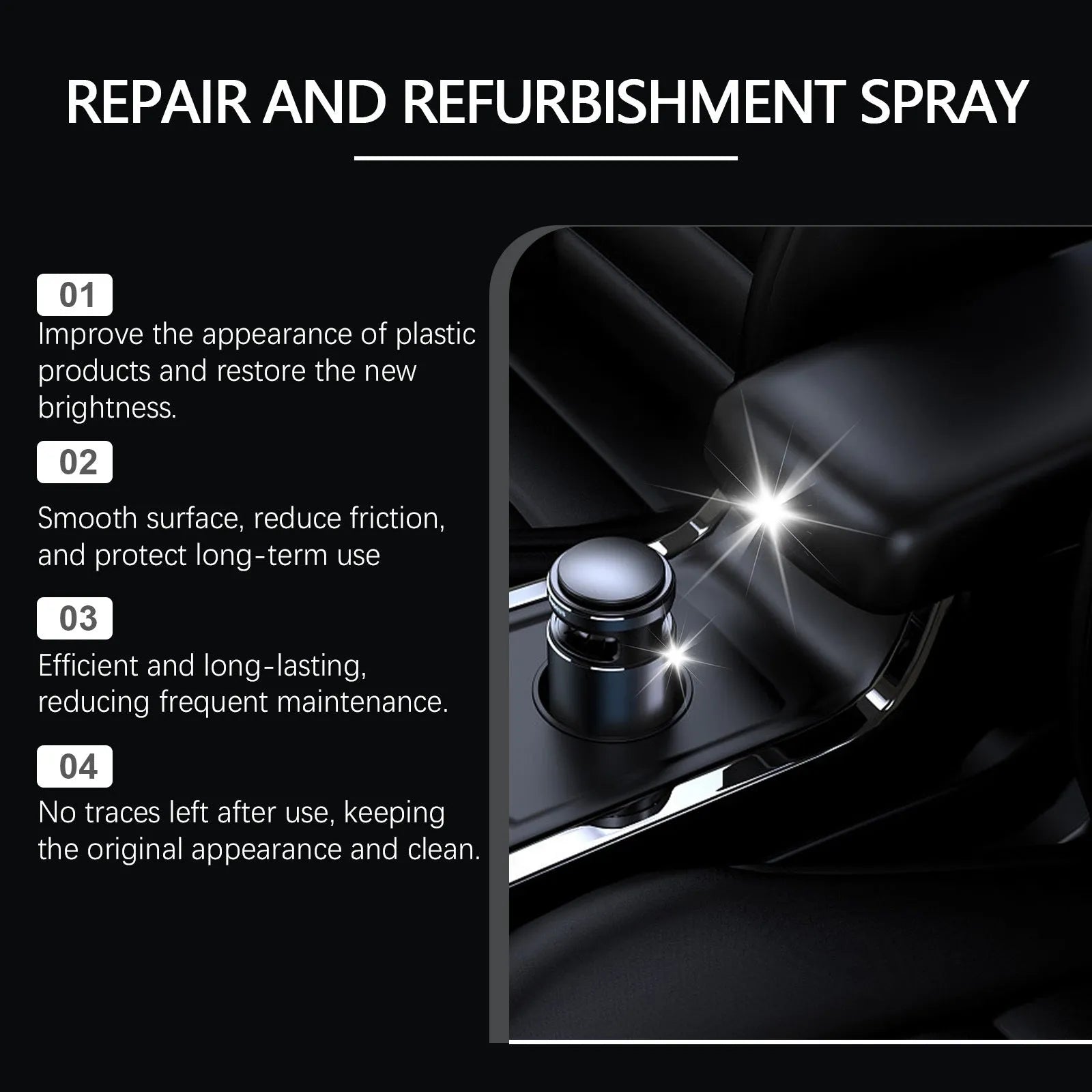 Automotive plastic renovation spray 60ml bottle with label for car interior trim refurbishment