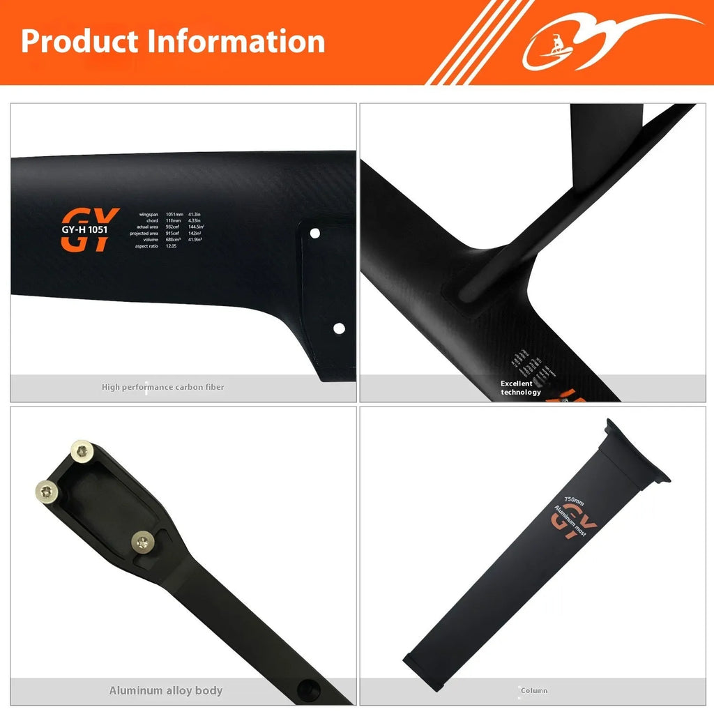 Black carbon fibre and aluminium alloy racing hydrofoil surfboard with large front wing
