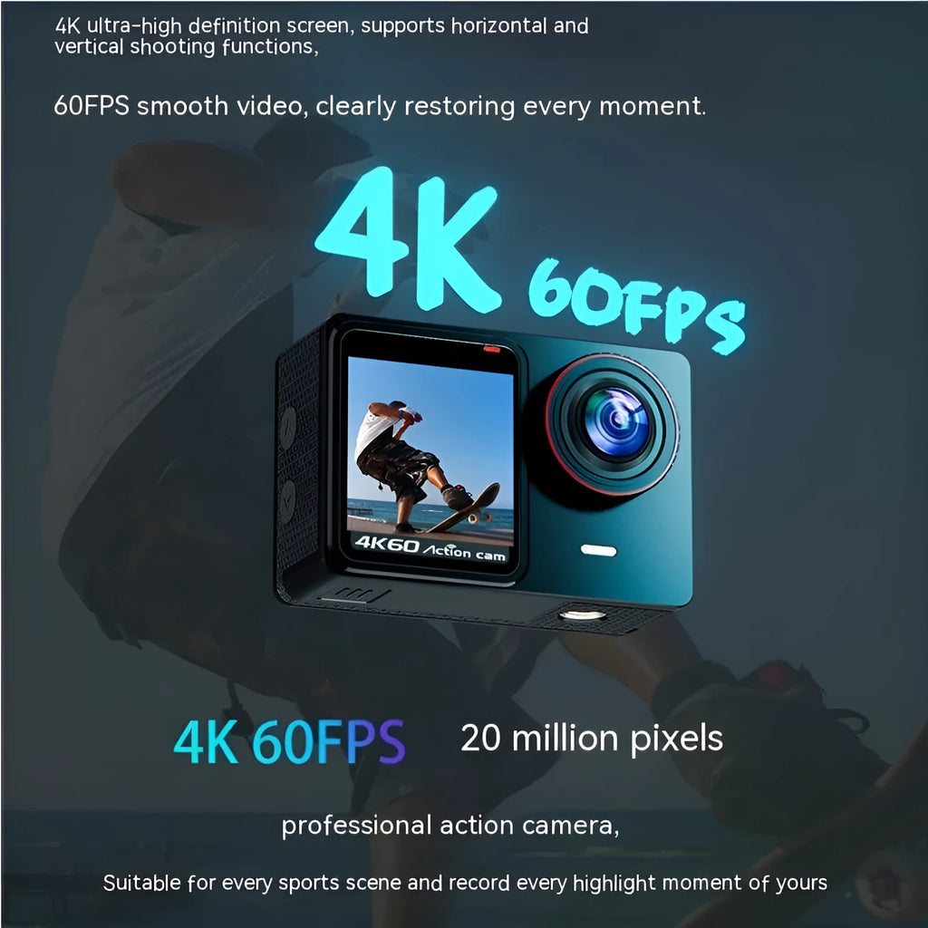 Waterproof 30m true 4K riding camera with EIS six-axis anti-shake, wide angle lens, dual colour screen, ABS body