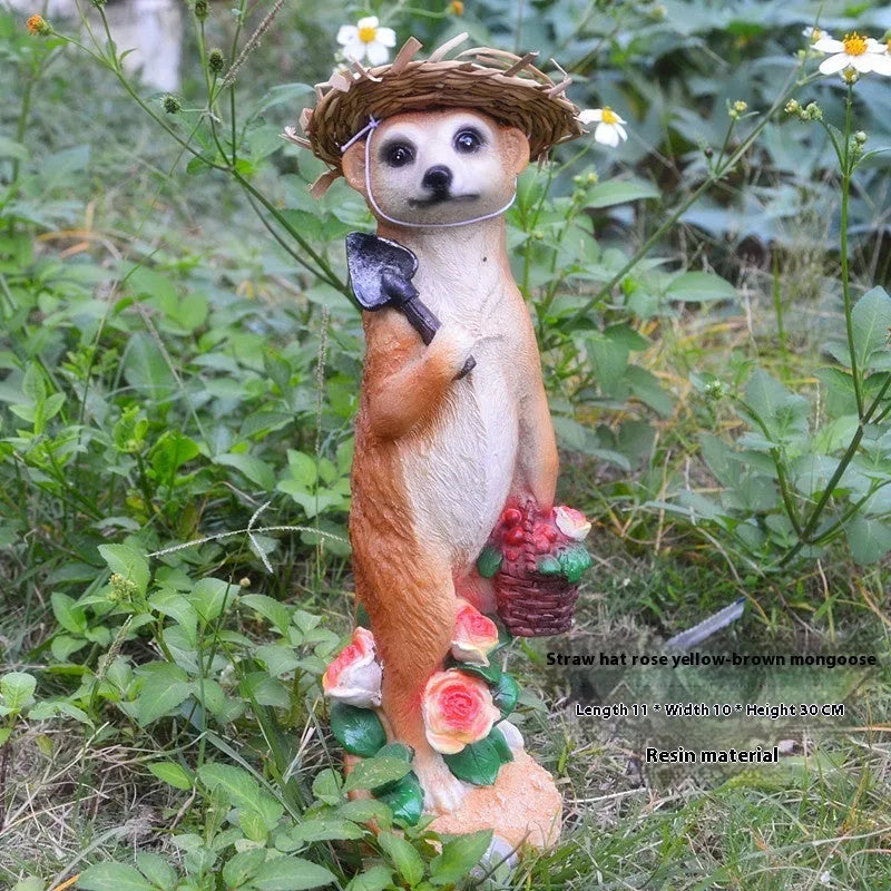 Three straw hat mongoose resin ornaments for garden decoration: mother and son, with rake, and with shovel.