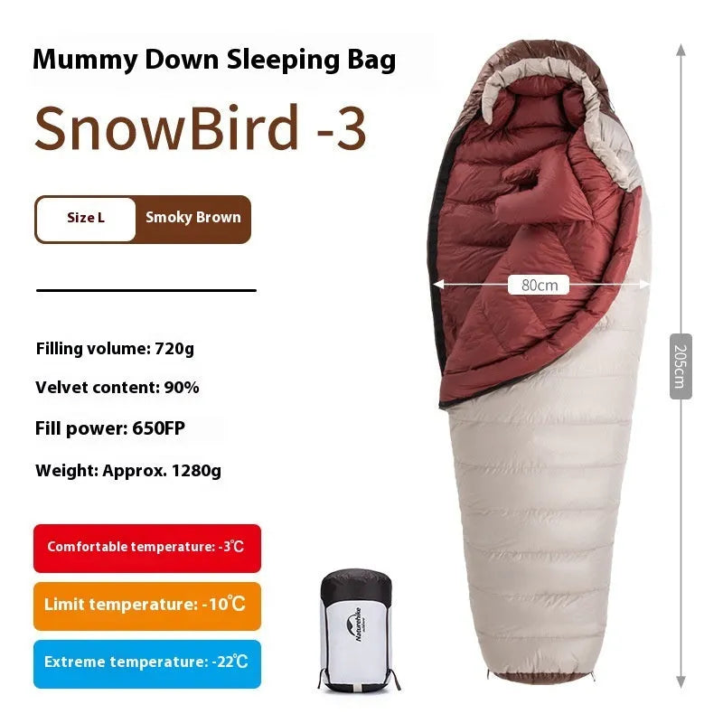 Snowbird goose down mummy sleeping bag in snowbird colour with storage bag.