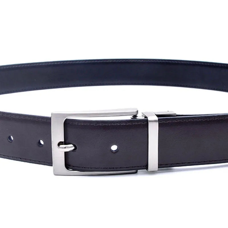 Men's brown black genuine leather belt with rotating alloy pin buckle shown at 120cm length