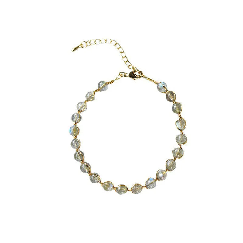 Crystal blue moonstone women's bracelet with 6mm natural stones and 14K gold-plated accents