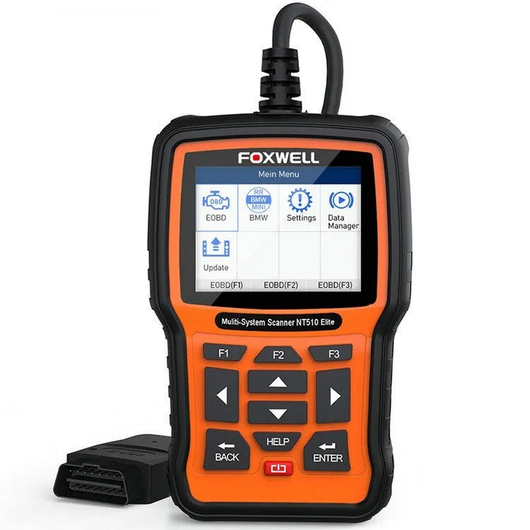Foxwell NT510 orange black automotive diagnostic tool with OBD2 scanner and reset functions