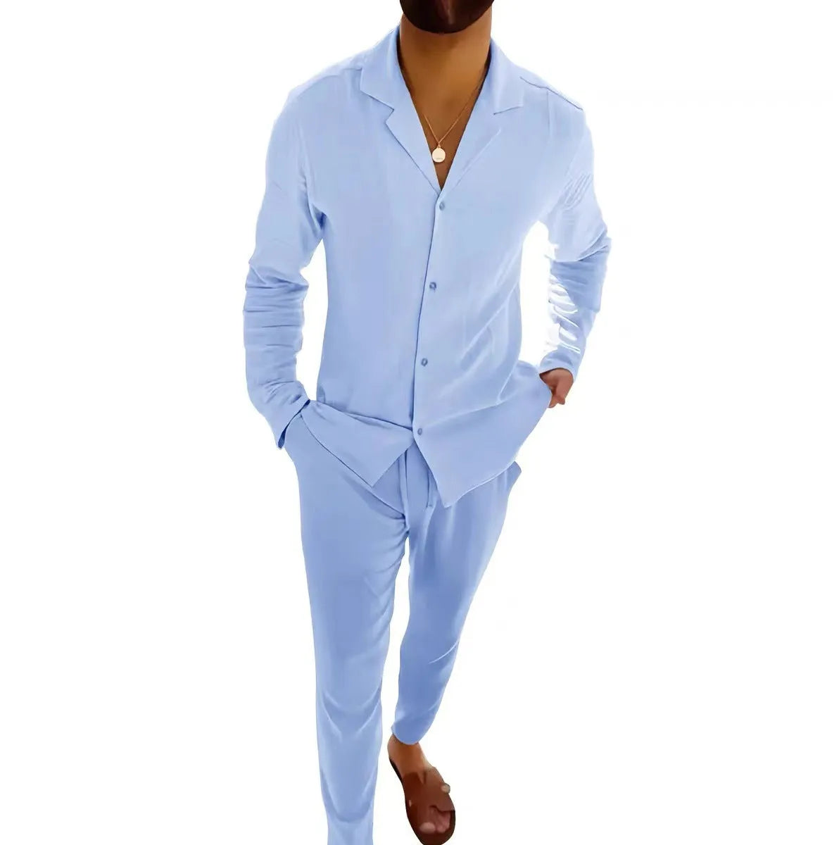 Men's cotton casual suit set with long-sleeve lapel shirt and slim-fit trousers in beige