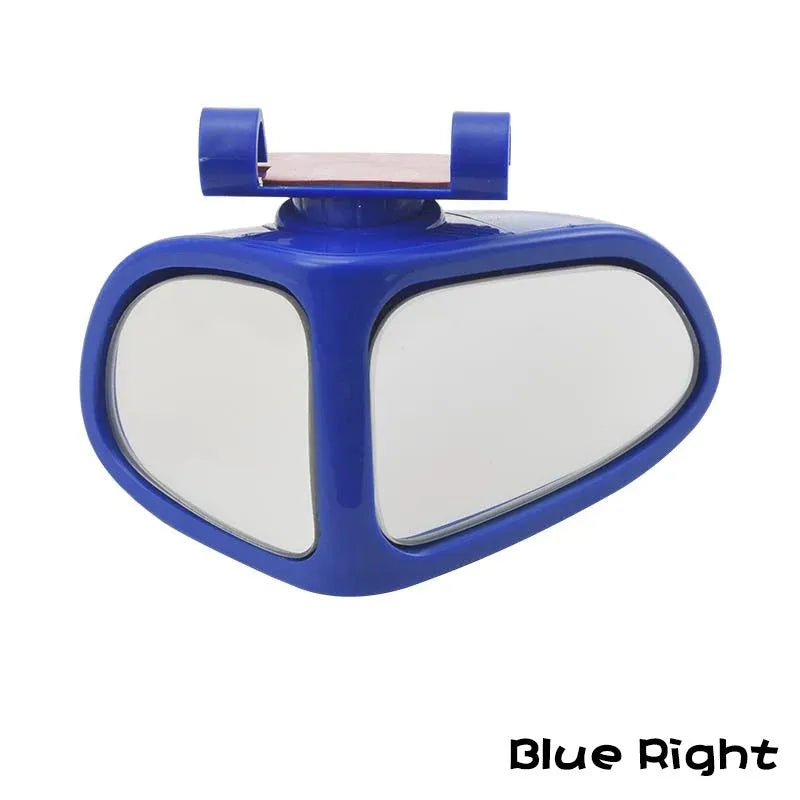 A pair of round, adjustable wide-angle car mirrors with adhesive backing, shown in assorted colours.