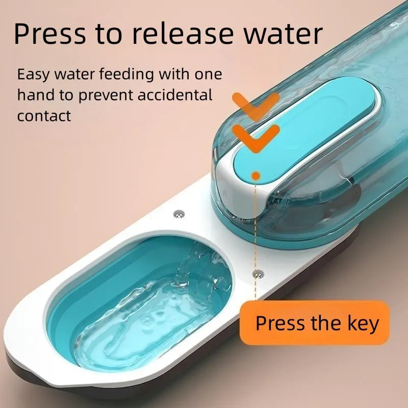 Portable blue dog water bottle with a foldable silicone drinking bowl attached