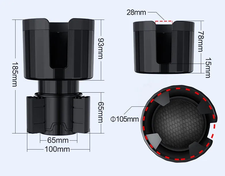 Black adjustable car cup holder expander for large drink bottles and containers.