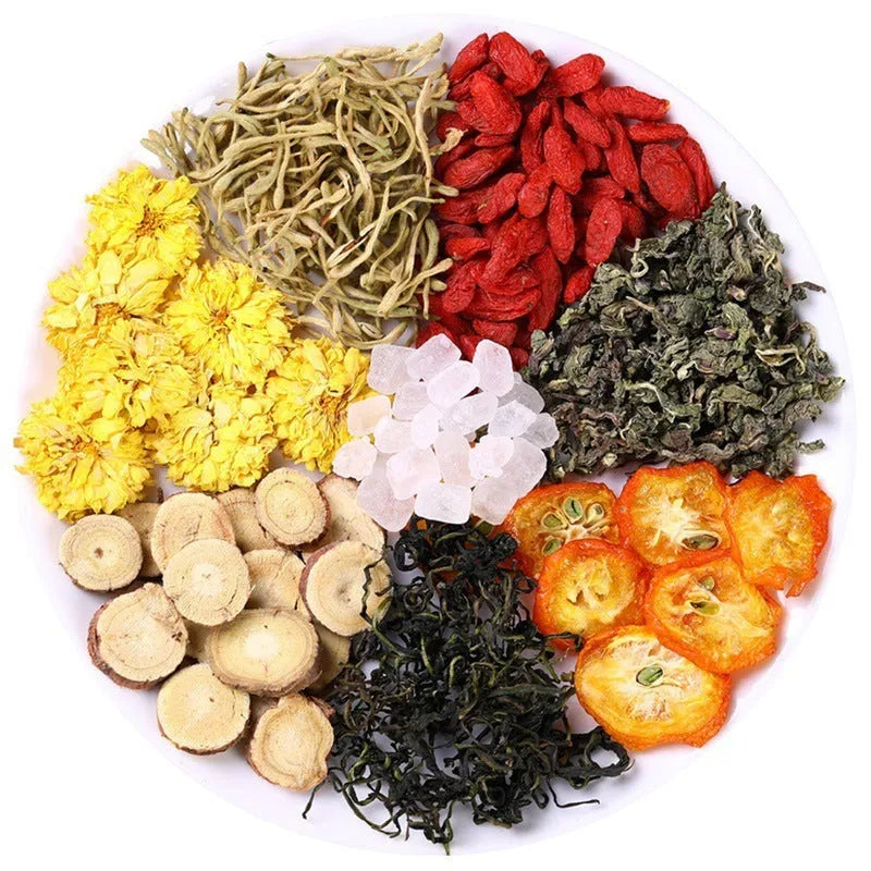 Honeysuckle chrysanthemum tea boxes with tea bags and complimentary cups in bundle packaging