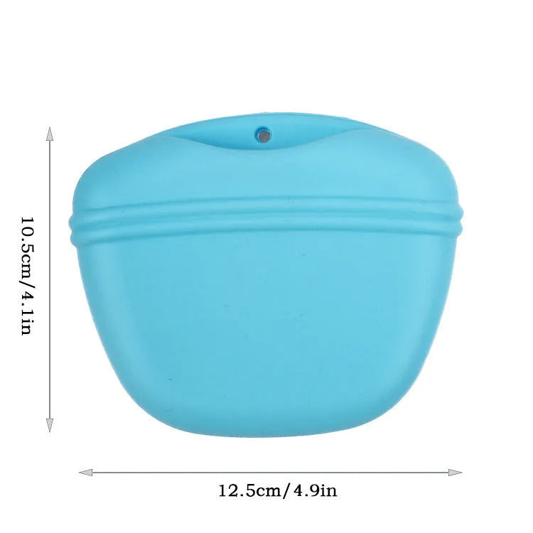 A portable silicone dog treat waist bag with a clip and magnetic opening, shown in available colours.