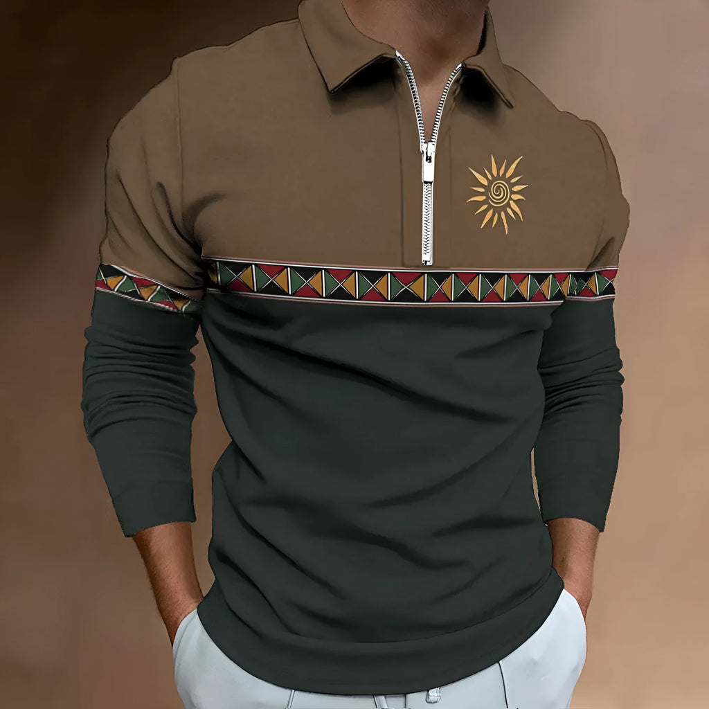 Men's retro colour print golf t-shirt with long sleeves and zip decorations on striped bird eye cloth