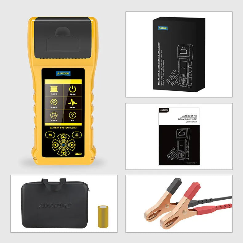 Autool BT760 vehicle battery tester with colour screen, thermal printer, and test clips on a workshop bench.