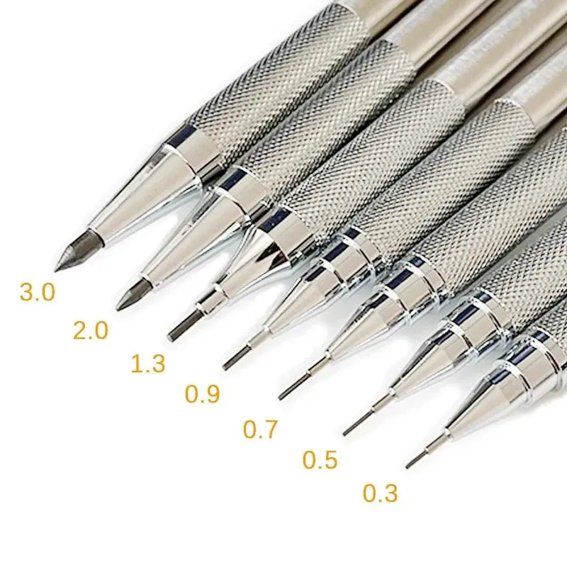 Silver metal mechanical pencil with clip, shown with compatible lead refills in sizes 0.5mm and 2.0mm.