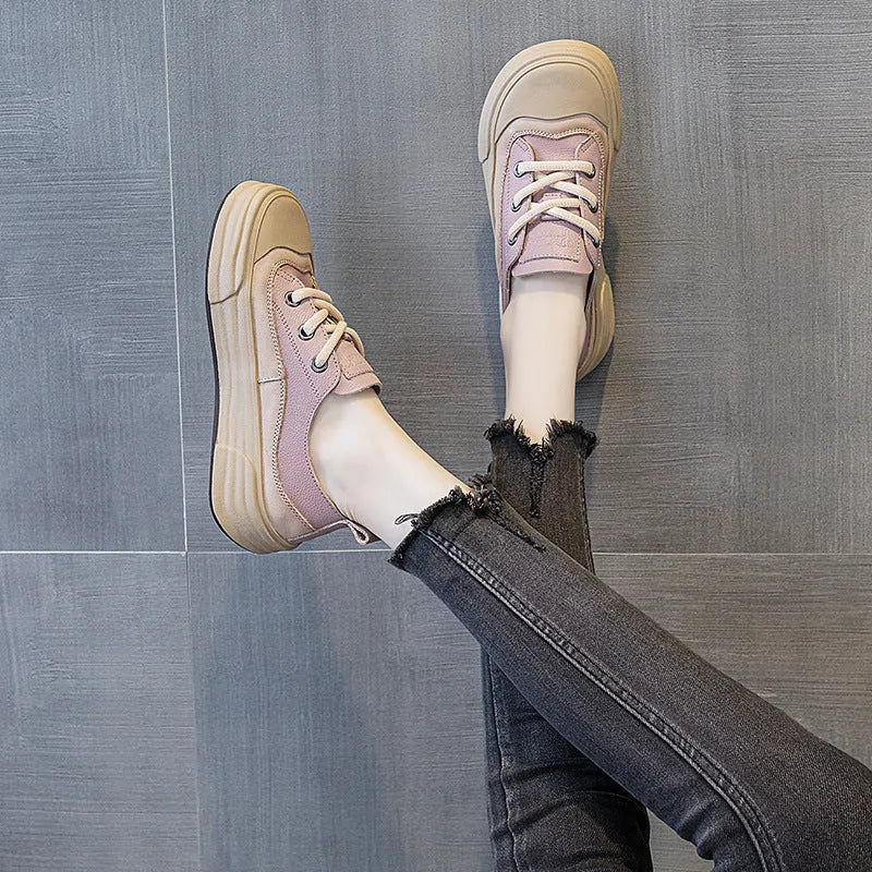 Women's leather platform sneakers in matcha green, purple, and orange colours with lace-up front and round toe