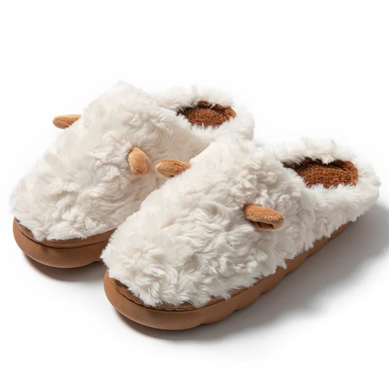 Non-slip thermal cotton slippers with plush upper and sewn sole, unisex, shown in pink, white, light green, coffee or gray