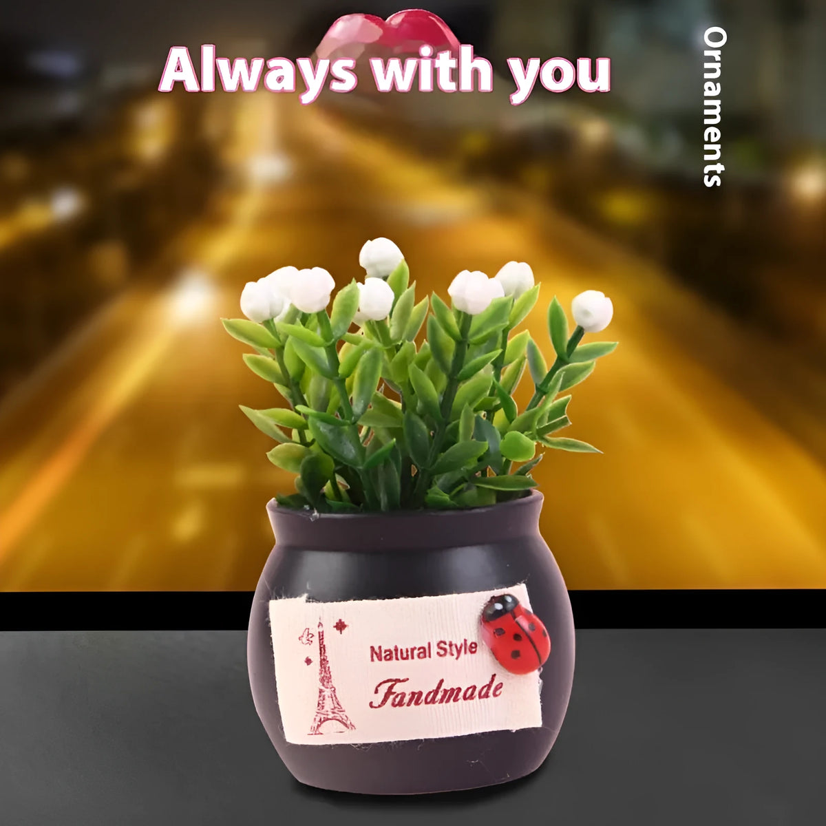 Auspicious fruit potted plant car ornament in a plastic vase, available in black or white, for car interior decoration and odour removal