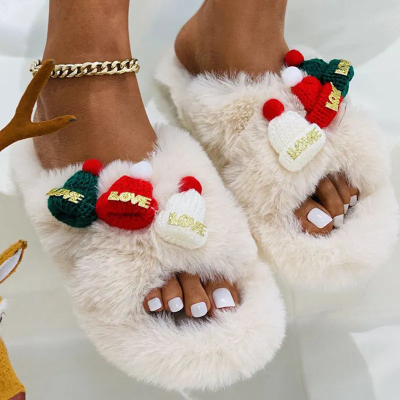 Women's Christmas hat decoration slippers in faux plush, available in black, khaki, and white colours.