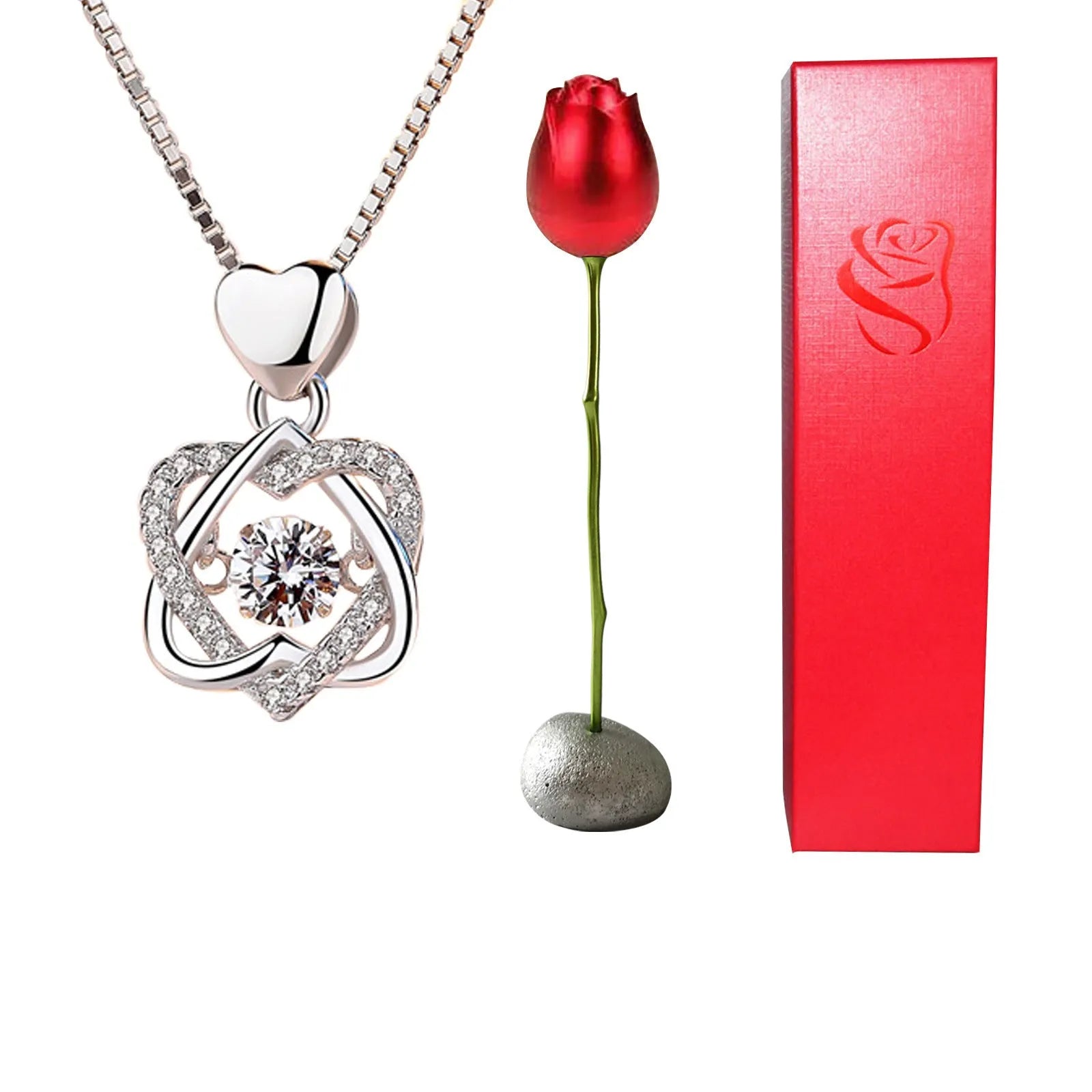 Heart-shaped crystal diamond rose pendant necklace in copper with electroplated finish, rose box packaging