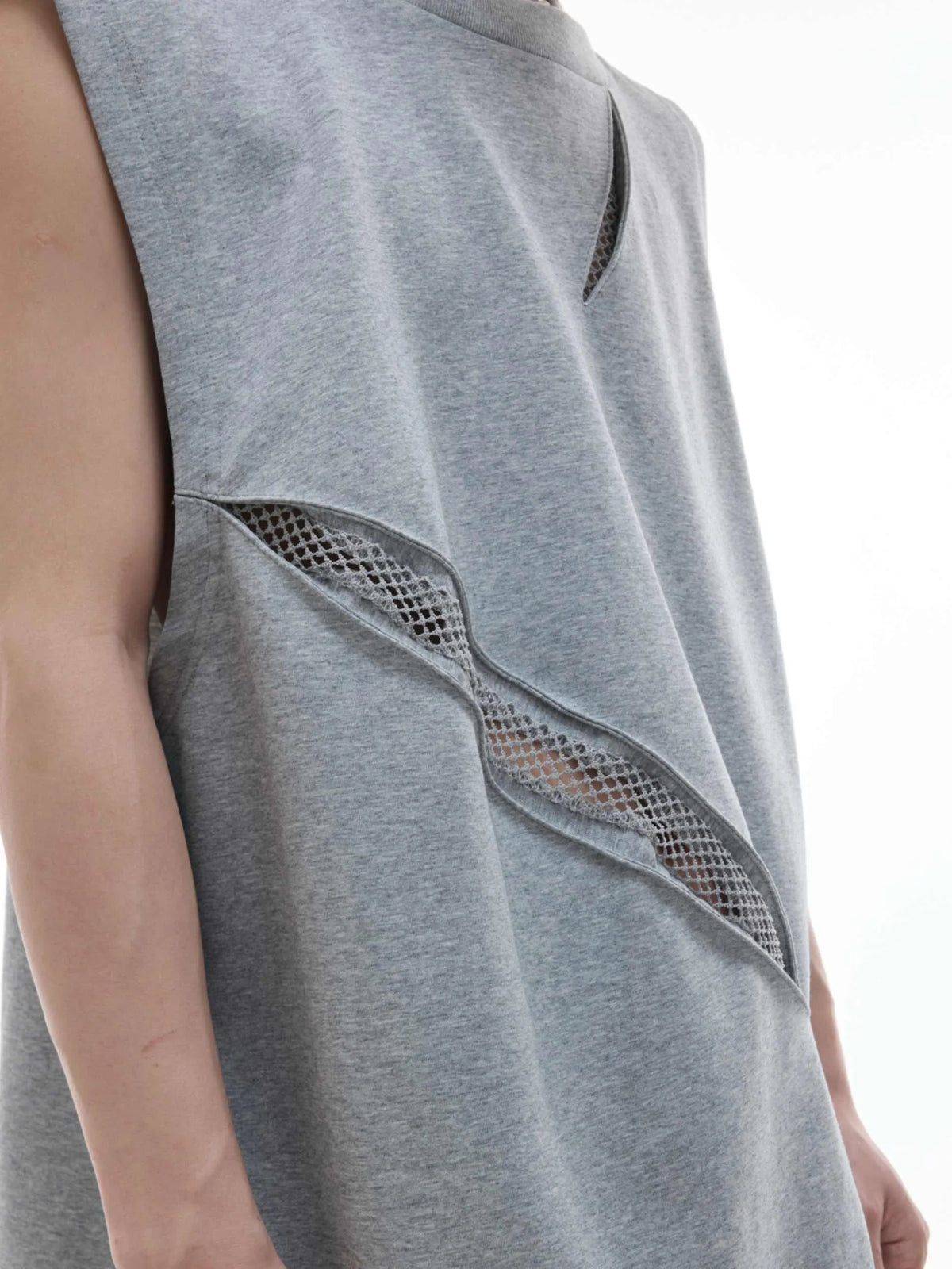 Hollow mesh sleeveless vest with metal decoration, washed cotton blend, slim fit, black grey white, Asian sizes L M XL