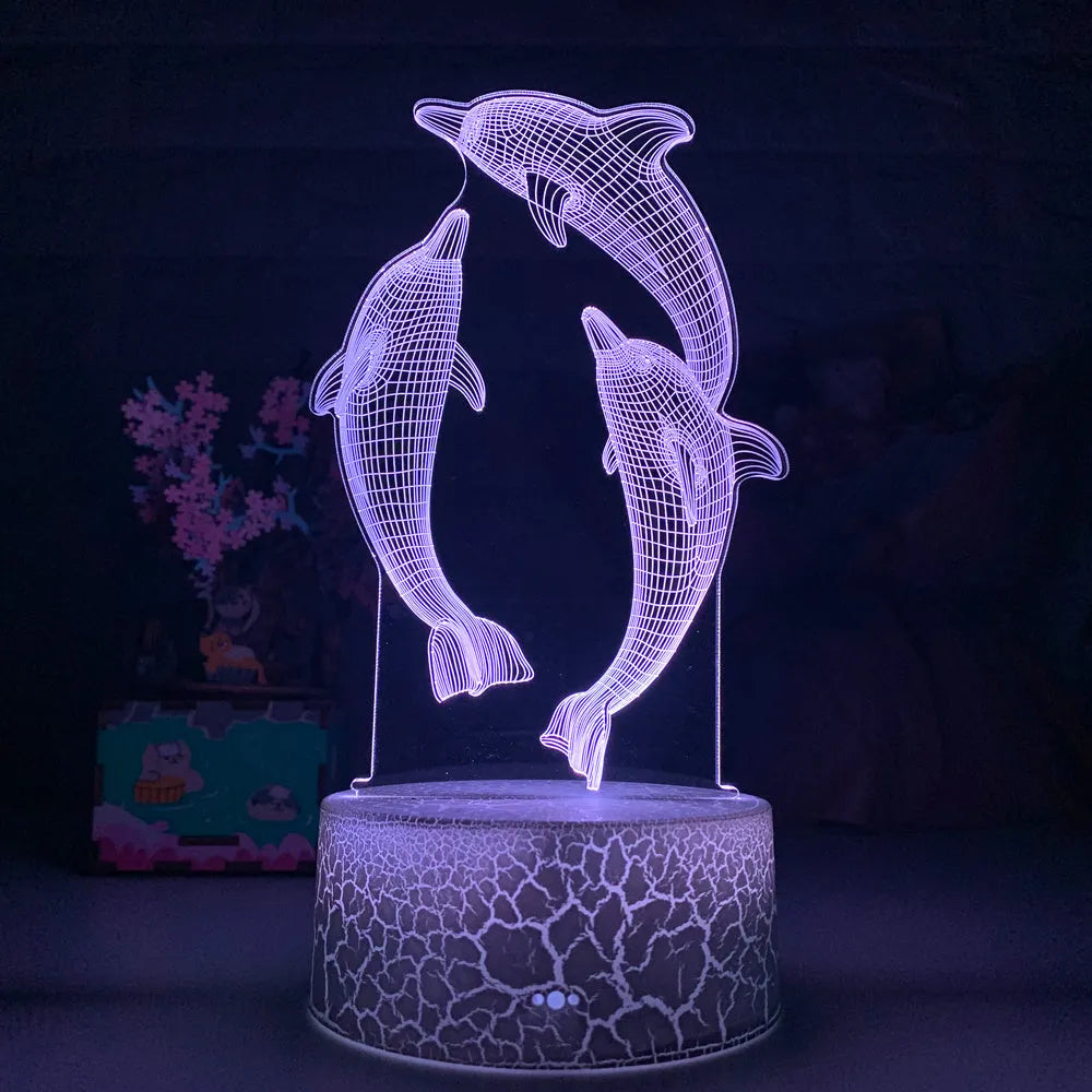 3D LED night light dolphin shape black crackle touch remote control USB powered