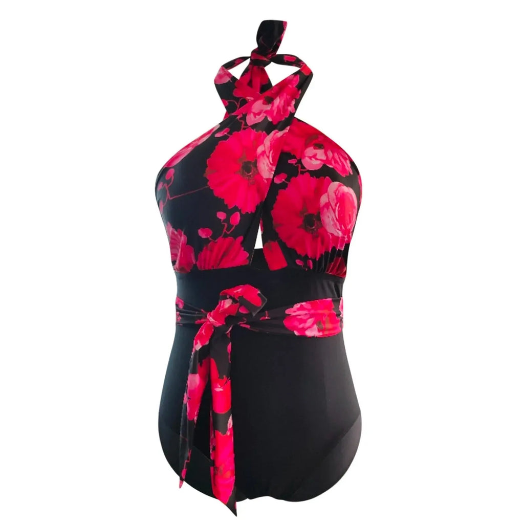 Plus size spaghetti strap one-piece swimsuit in red flower pattern, polyester, sizes M to XXXL, for swimming and water sports.