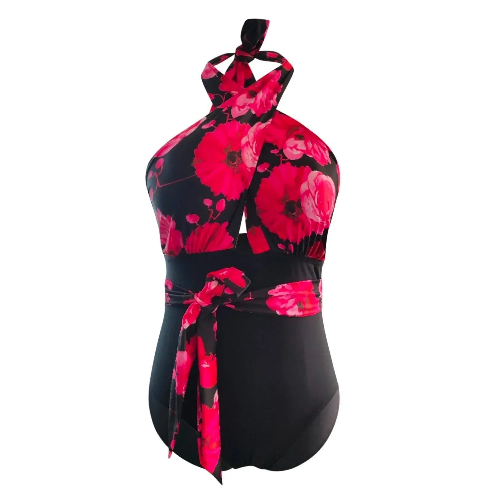 Plus size spaghetti strap one-piece swimsuit in red flower pattern, polyester, sizes M to XXXL, for swimming and water sports.