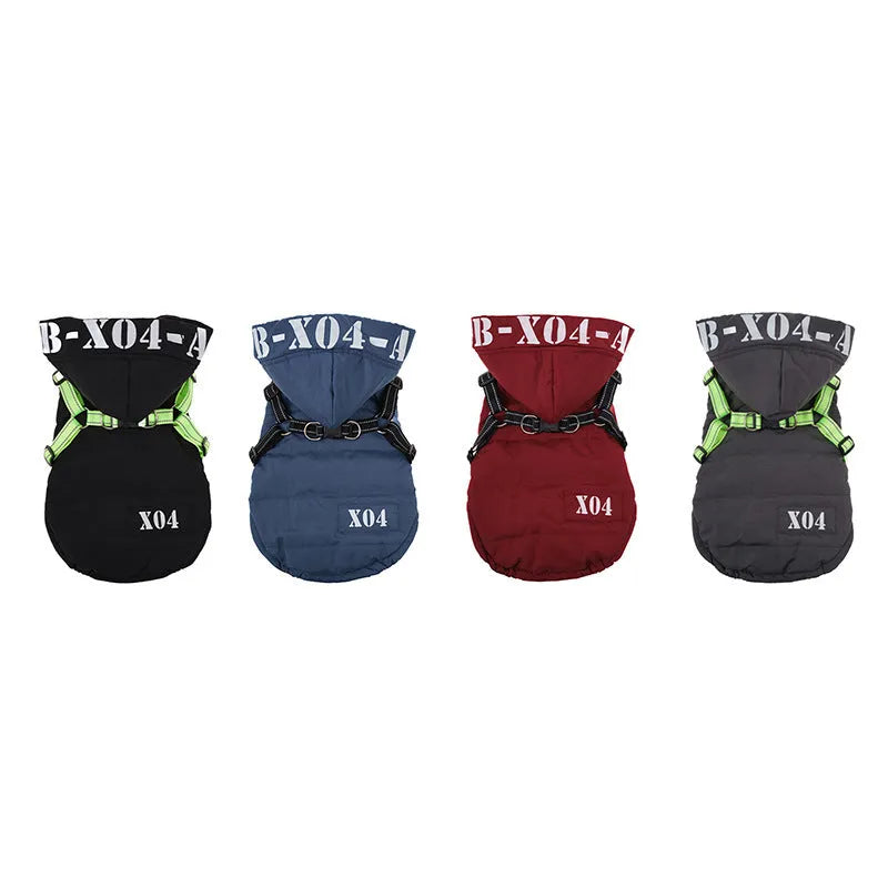 Red fleece-lined waterproof dog coat with hood on a small dog, showing casual style and fit.