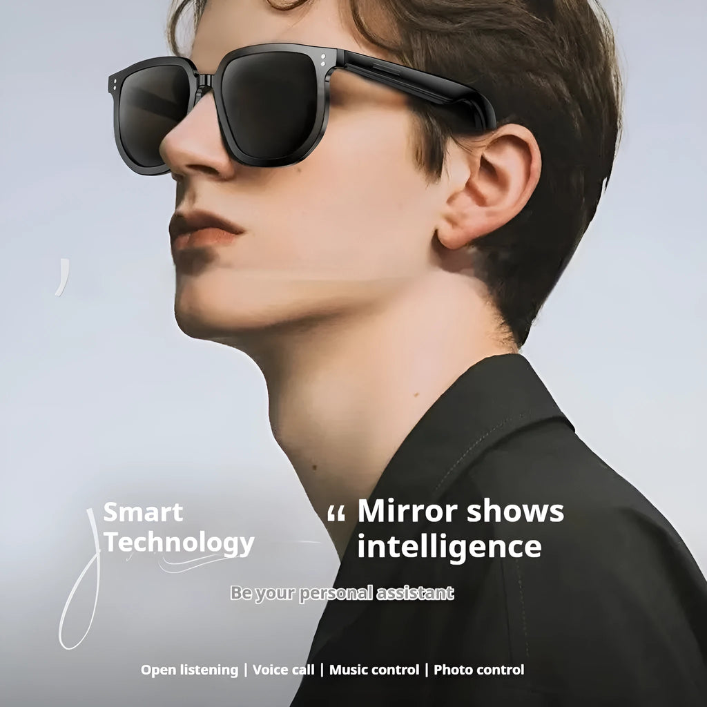 Black AI smart glasses with Bluetooth audio and sunglasses functionality