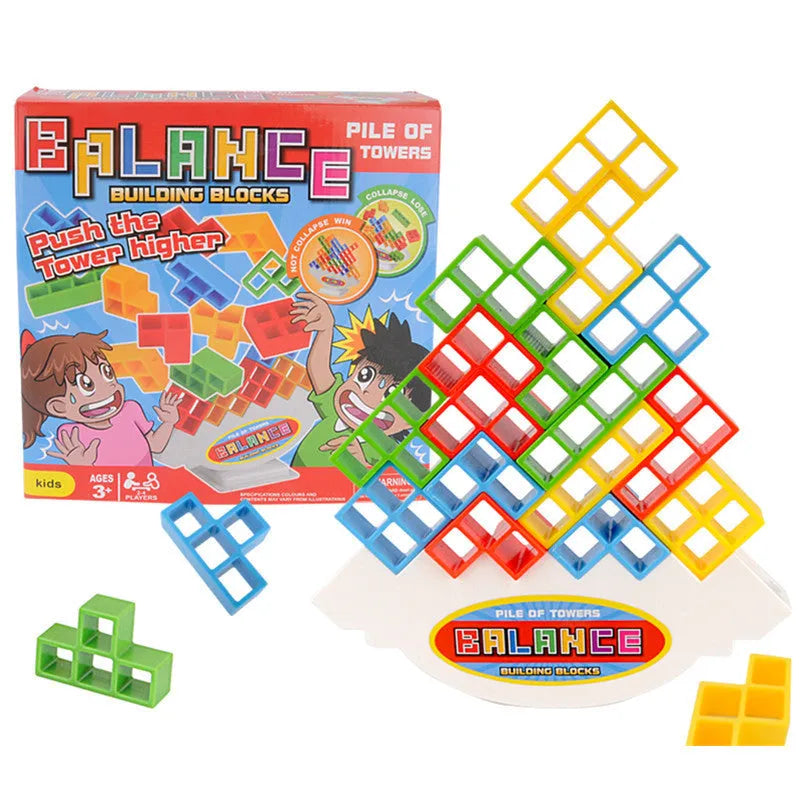 Plastic balance stacking game with 16 colourful building blocks on 26.5cm square chassis