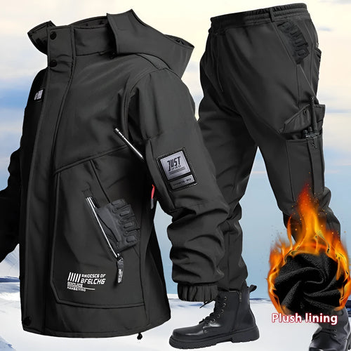 Fleece-lined waterproof jacket suit two-piece set in Black, Army Green, and Gray, sizes 165-190, for men and women