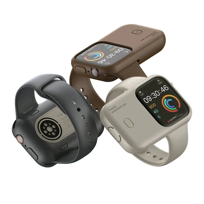 Apple Watch portable wireless charging power bank case in brown, midnight blue, and starlight colours