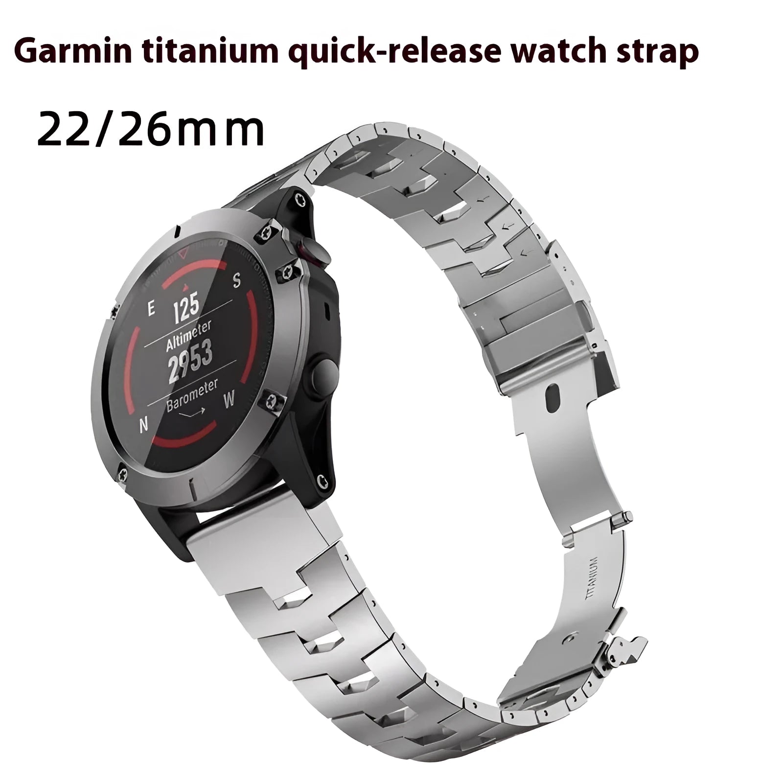 Garmin Jiaming Fenix replacement watch strap in black, silver, titanium colours for 22mm and 26mm widths