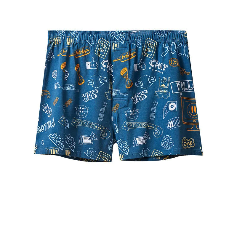 Men's cotton boxer shorts in a patterned design with a mid waistband.