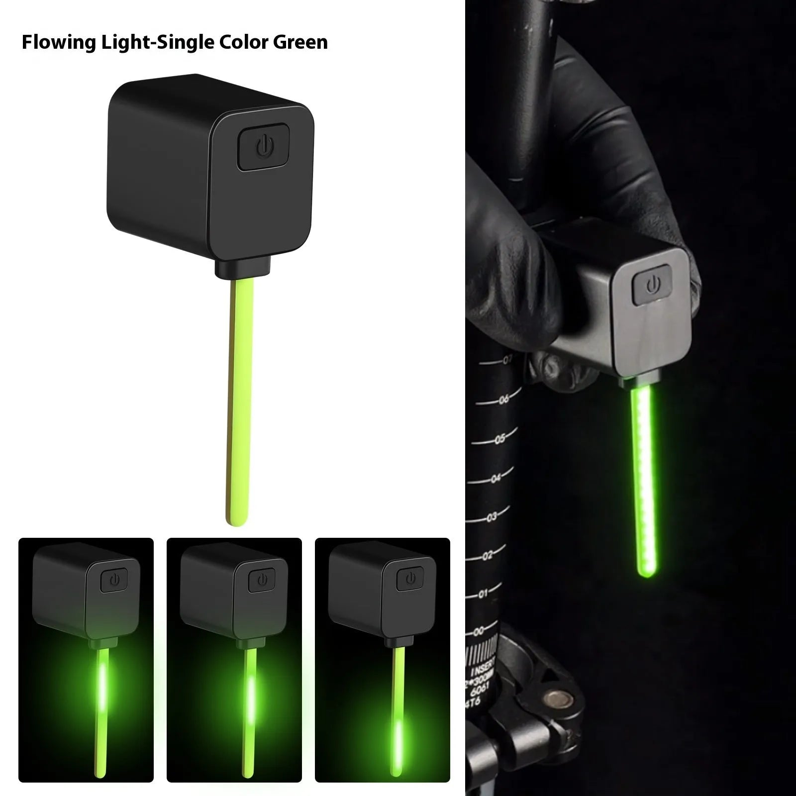 USB rechargeable bicycle running water tail light with silicone strap mount on a bike seat tube.