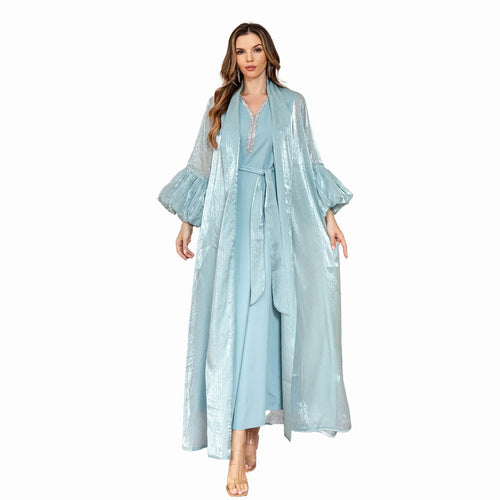Brown Arabic two-piece set dress with rhinestone detailing and long sleeves for Dubai style evening wear