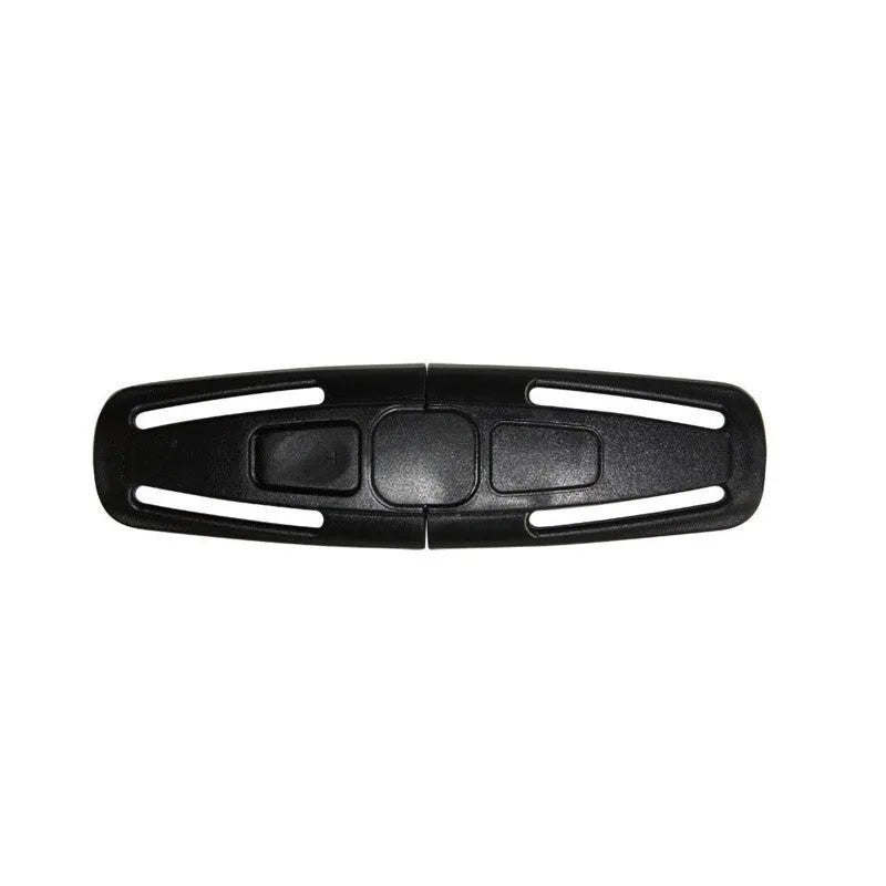 Black nylon seat belt buckle clip for child car seat harness measuring 14.5cm by 4cm