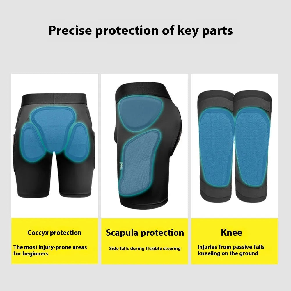 X-ray diffraction ski protective gear showing separate hip pad and knee pad sets for impact sports.