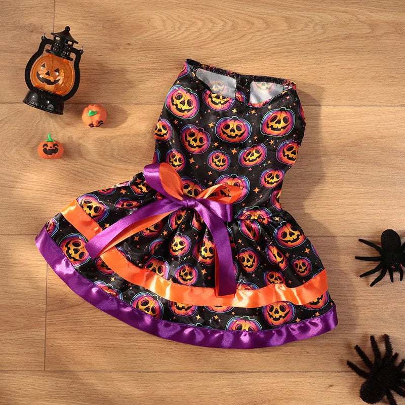 Colourful Halloween dog skirt with pumpkin and skull prints in sizes S M L XL