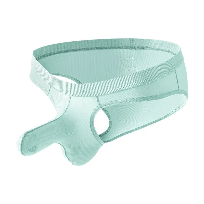 Men's low waist briefs underwear in ice silk fabric on a colour swatch showing black, grey, blue, green, and pink.