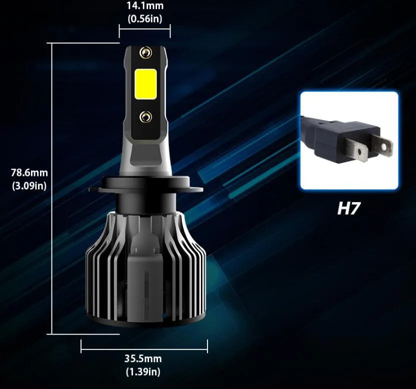 72W LED car headlight bulb kit with 6000K white light, showing adjustable chuck and connector.