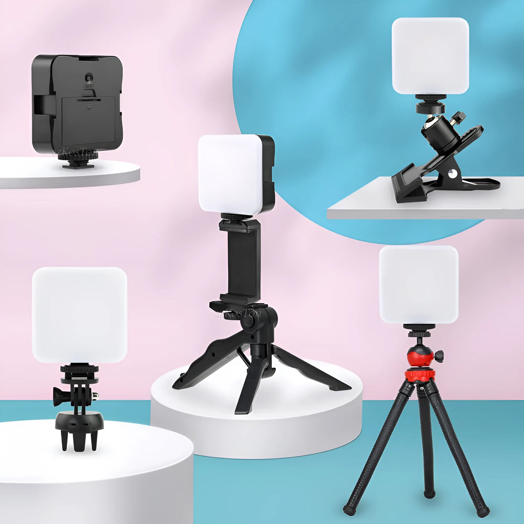 LED mini square outdoor pocket light tripod with rotatable flash head showing 7.3cm compact dimensions