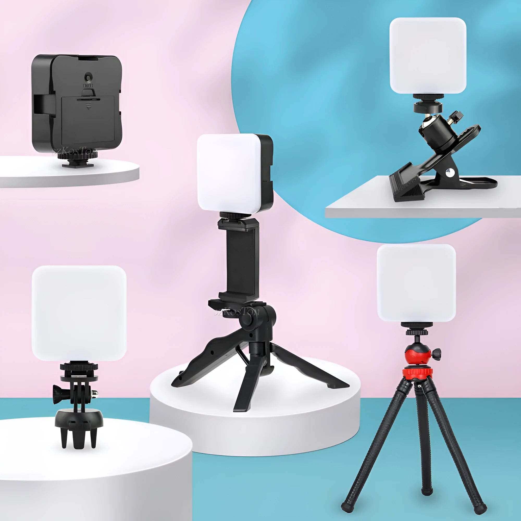LED mini square outdoor pocket light tripod with rotatable flash head showing 7.3cm compact dimensions