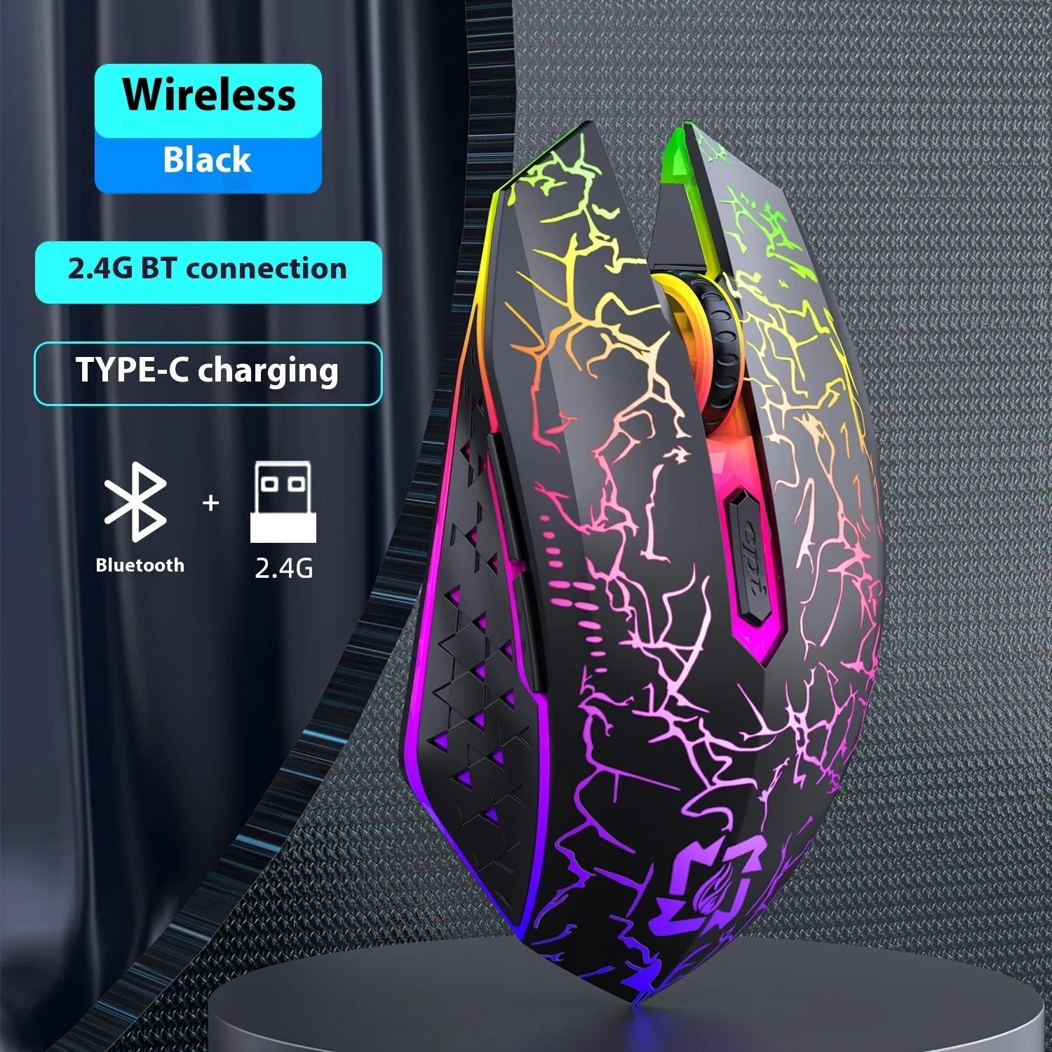 Black and white dual-mode wireless gaming mouse with luminous breathing light on desktop