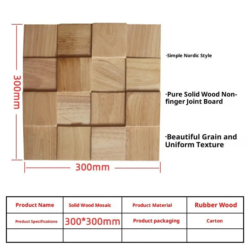 Retro 3D solid wood mosaic patch wall panel in natural wood finish showing stereo background texture