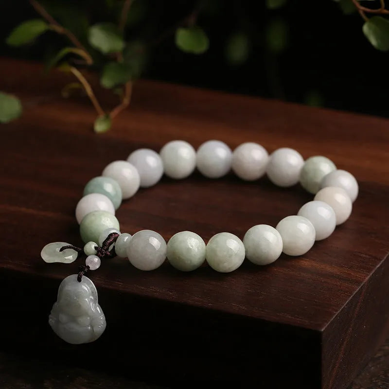 Natural emerald jade hanging bracelet with Maitreya Buddha geometric design
