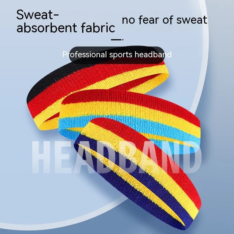 Three-colour sports headband for adults, shown in a red, yellow and blue combination.
