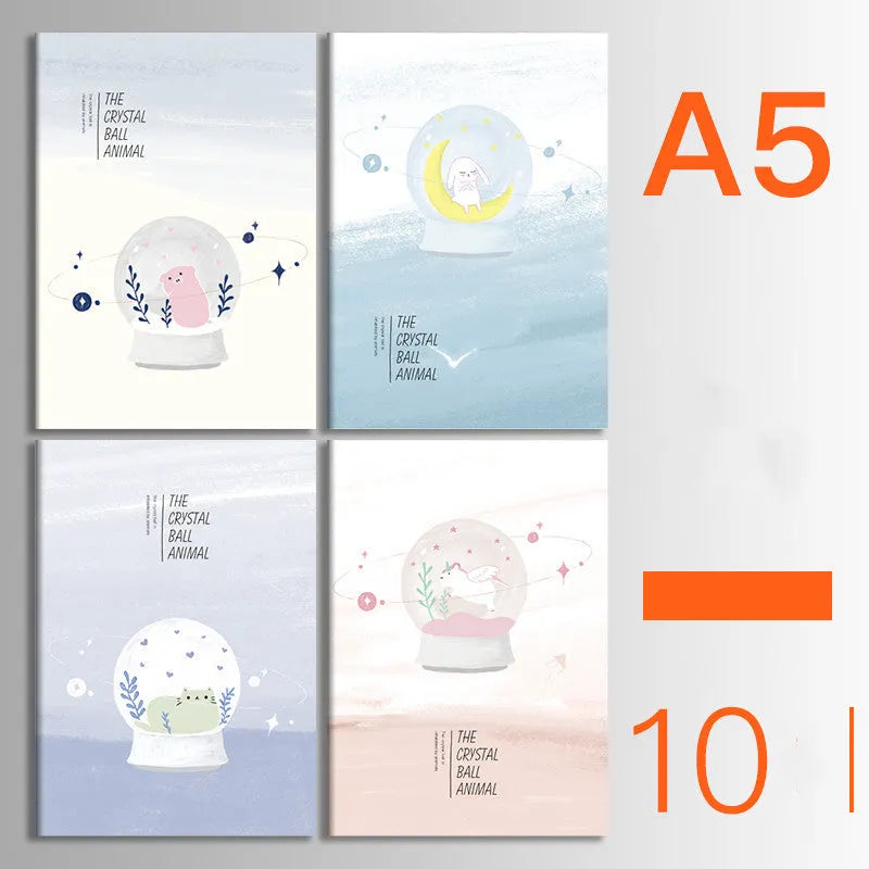 Pack of 10 A5 and B5 soft cover kraft paper notebooks with various designs, showing thread binding.