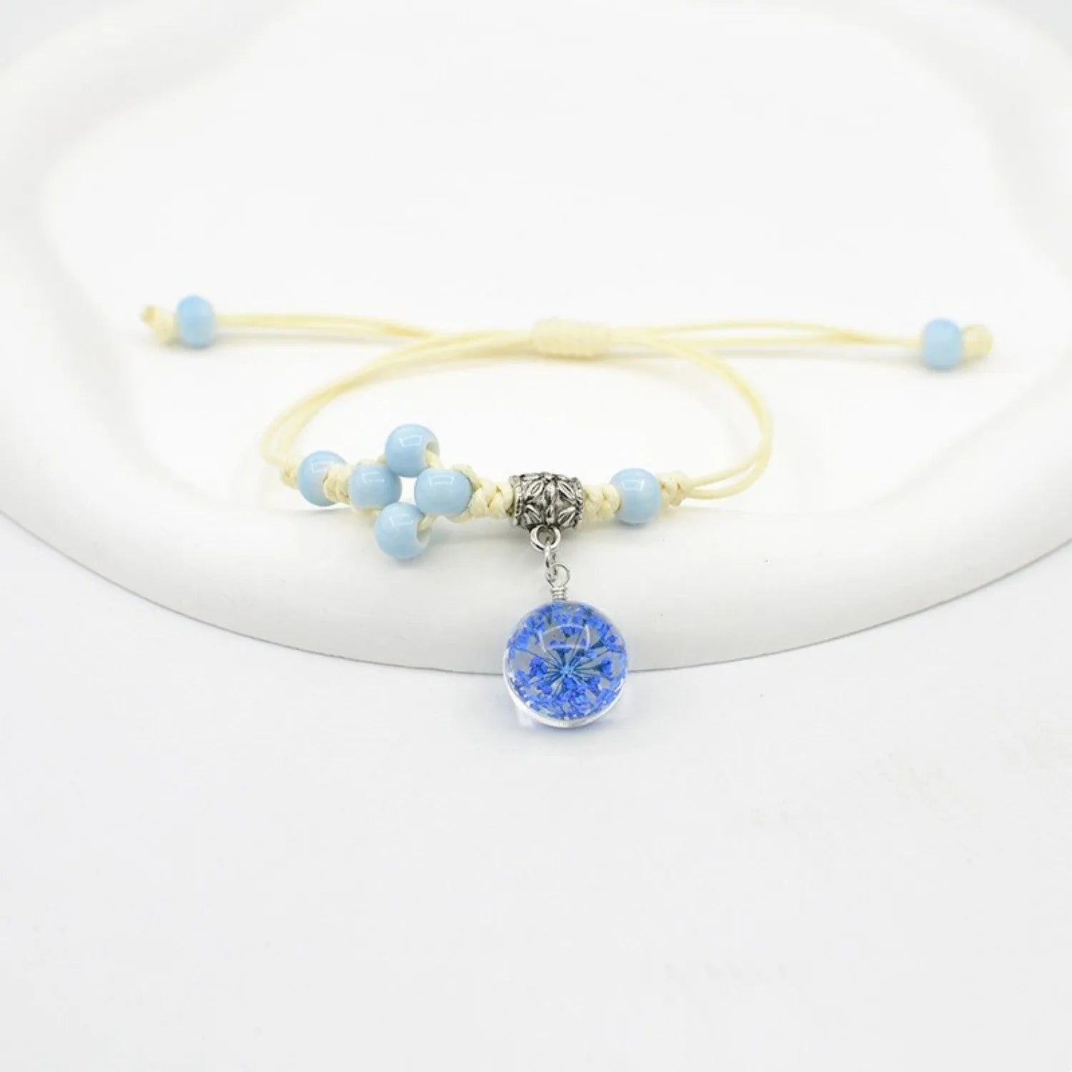 Glass bracelet with dried flowers inside 1.4cm beads in multiple colour options